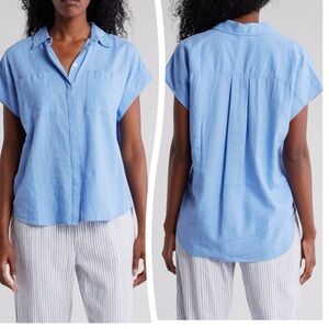 CASLON Linen Blend Camp Shirt in Cornflower Blue